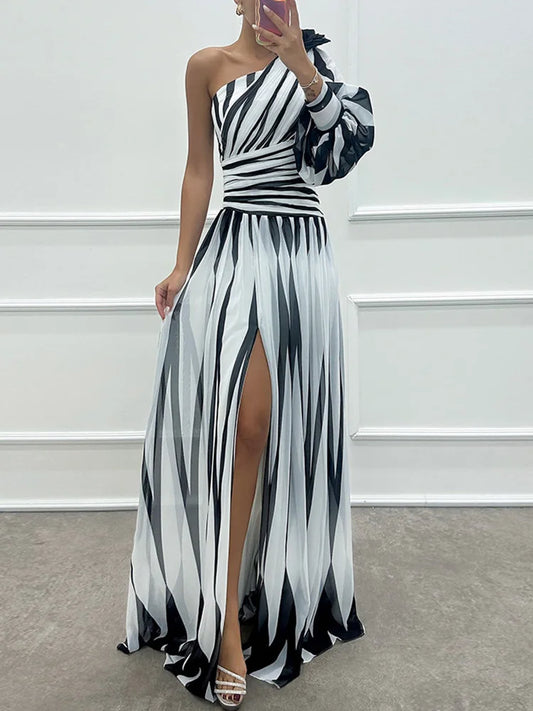 Spring Summer One Off Shoulder Fashion Party Dress, Women Printing Skew Collar Slim Maxi Dress, Long Sleeve Elegant Ladies Dress