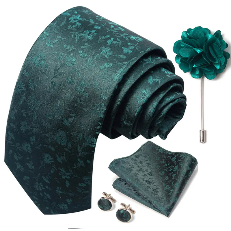 Luxury Mens Ties Floral Black Gold Ties Paisley NeckTie Pocket Square Cufflinks Brooch Set Men's Wedding Party Tie