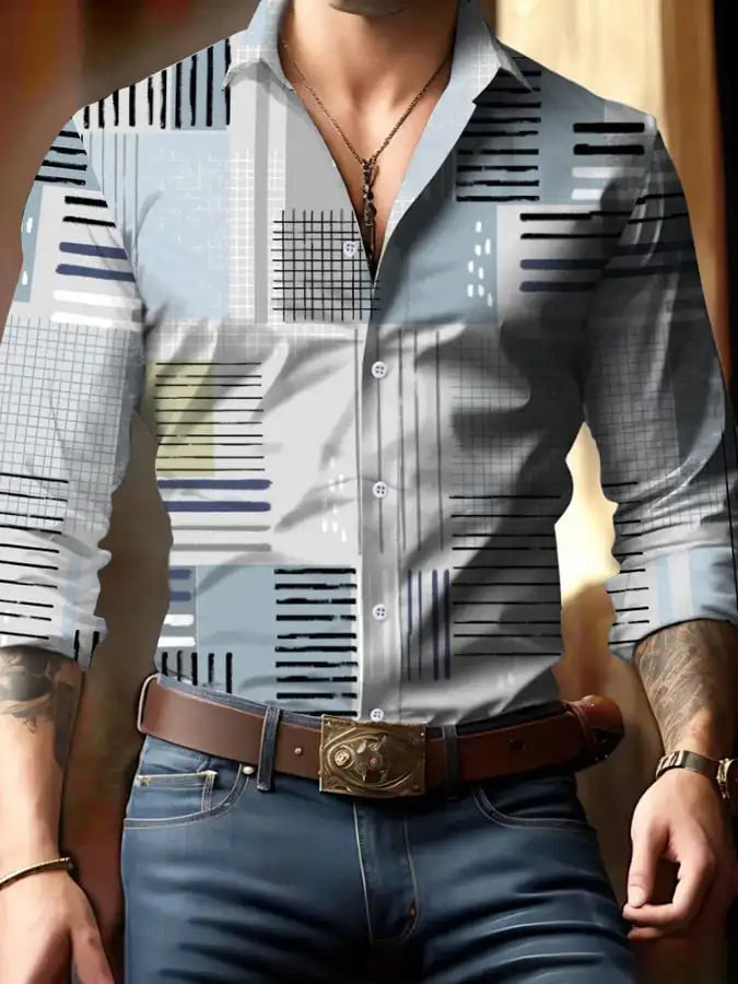 Men's shirt regular lapel shirt men's 3d printing triangle geometric printing casual street long sleeve fashion printed shirt