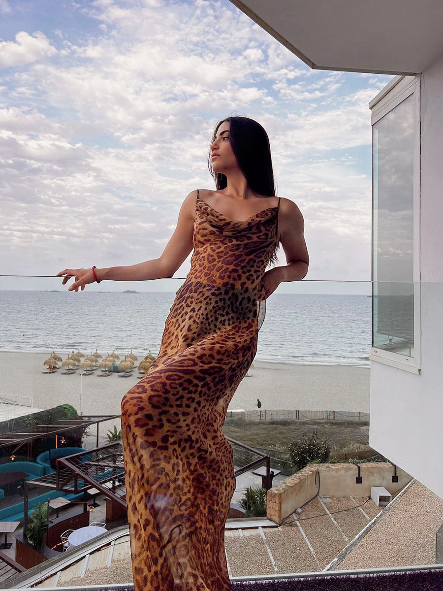 Women Split Long Dress Zebra Stripe/Leopard Print Drape Front Summer Backless Party Dress for Cocktail Beach Streetwear