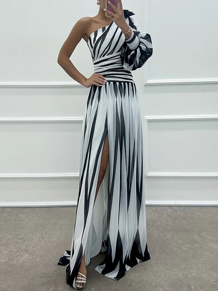 Spring Summer One Off Shoulder Fashion Party Dress, Women Printing Skew Collar Slim Maxi Dress, Long Sleeve Elegant Ladies Dress