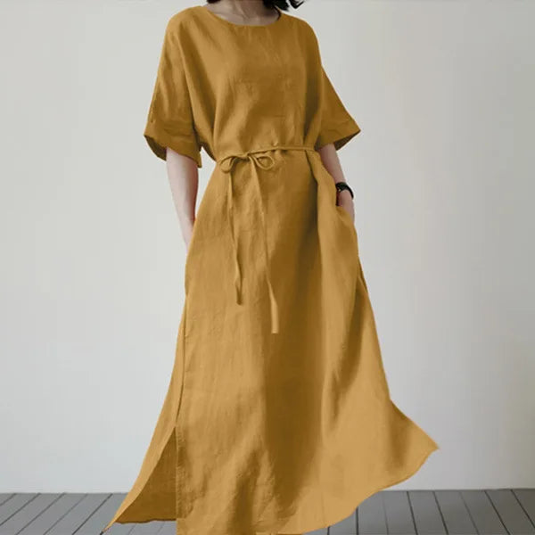 Spring Summer Women's Long Dresses Fashionable Split Hem Skirts Short Sleeves Casual Waistbands Cotton Linen Dresses For Women