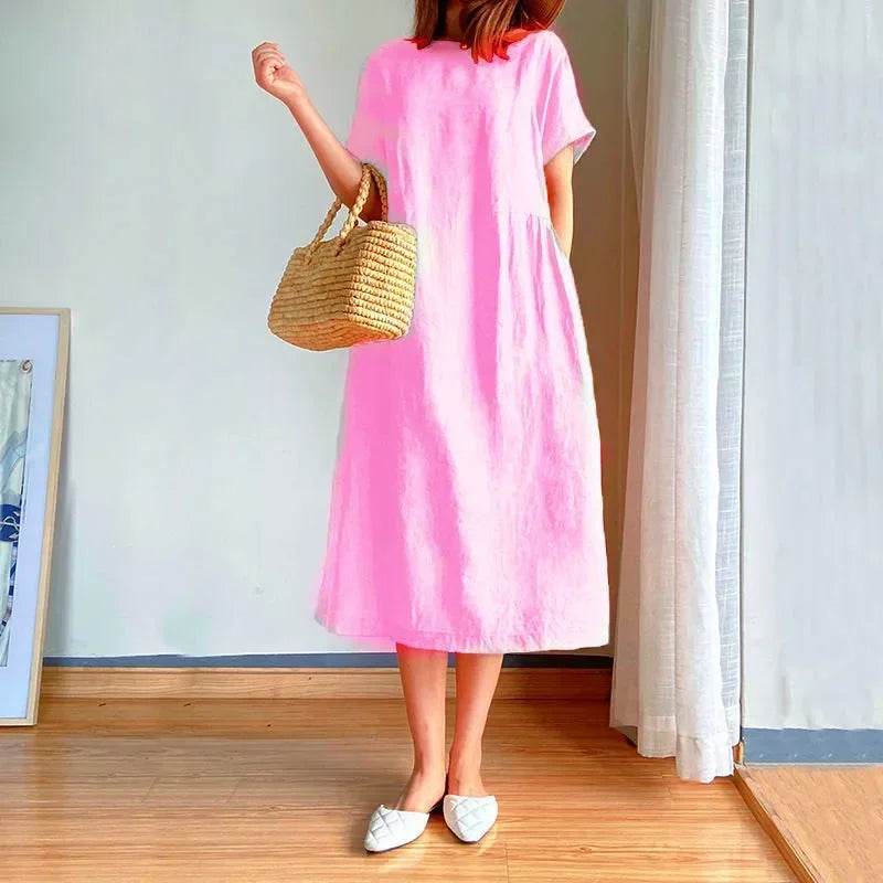 New in Spring Summer Women's Dress Elegant Casual Loose Short Sleeve Tops A-LINE Oversize Solid Midi Dresses for Women Clothing