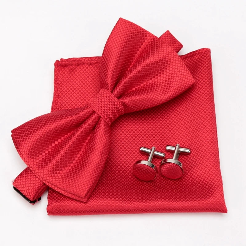 Multicolor Bowtie Pocket Square Cufflinks Sets Classic Solid Color Bowtie Wedding Party Formal Gift Plaids Adjust Neck Bow Tie