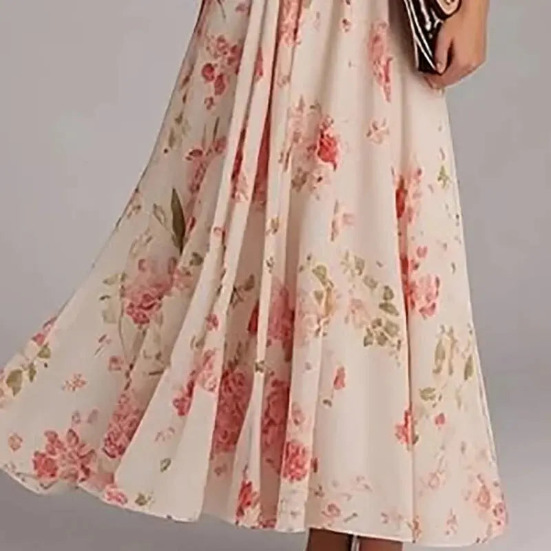 Spring Women V Nec Floral Print Long Sleeve Party Dress Ladies Commute A-Line Pullover Pleated Dress Vestidos Bohemian Dress 202