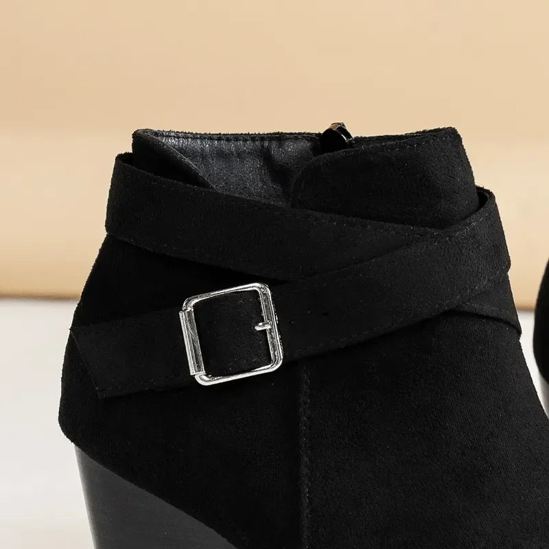 Black Wedge Heel Modern Boots Suede Side Zip Ankle Boots Women Winter Boot Buckle Shoes Botas Mujer Botines Big Size High Heels