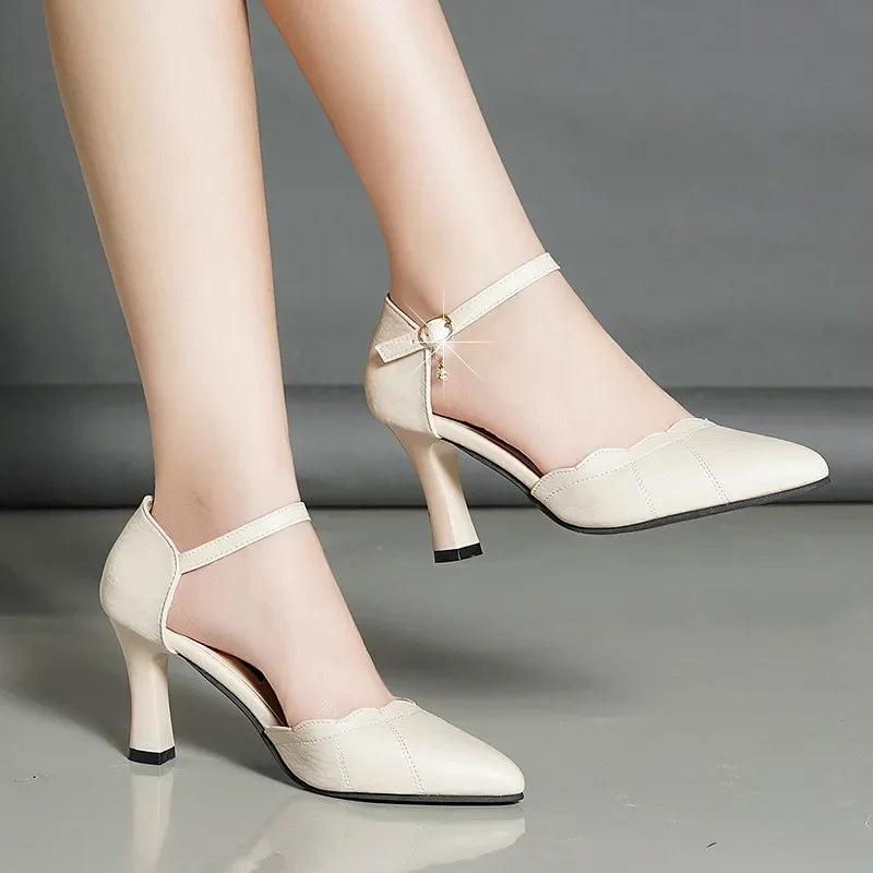 Women Cute Pointed Toe Black Buckle Strap High Heel Shoes Lady Casual Red Comfort Summer Stiletto Heels for Office & Party G6006