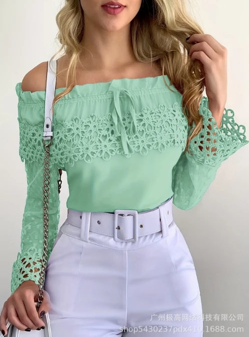 Elegant Women's blouses Fashion 2024 Lace Spliced Off Shoulder Guipure Lace Long Sleeve Tassel Drawstring Top