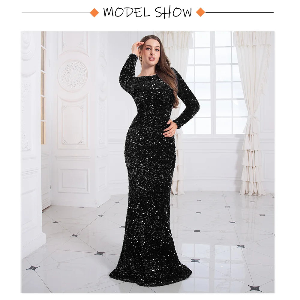Romagic Elegant Women Modest Stretch Sequin Royal Blue Wedding Prom Gown Long Sleeves Mermaid Formal Evening Party Dress 2025