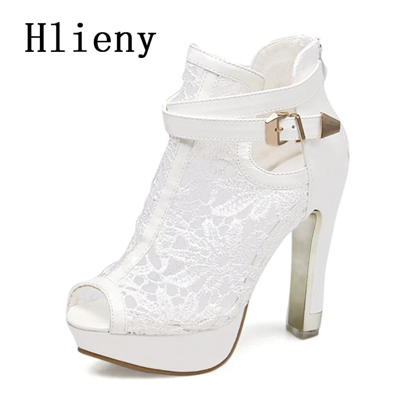 Hlieny Autumn Sexy Mesh Fabric Platform High Heels Boots Sandals Women Peep Toe Nightclub Party Stiletto Female Shoes