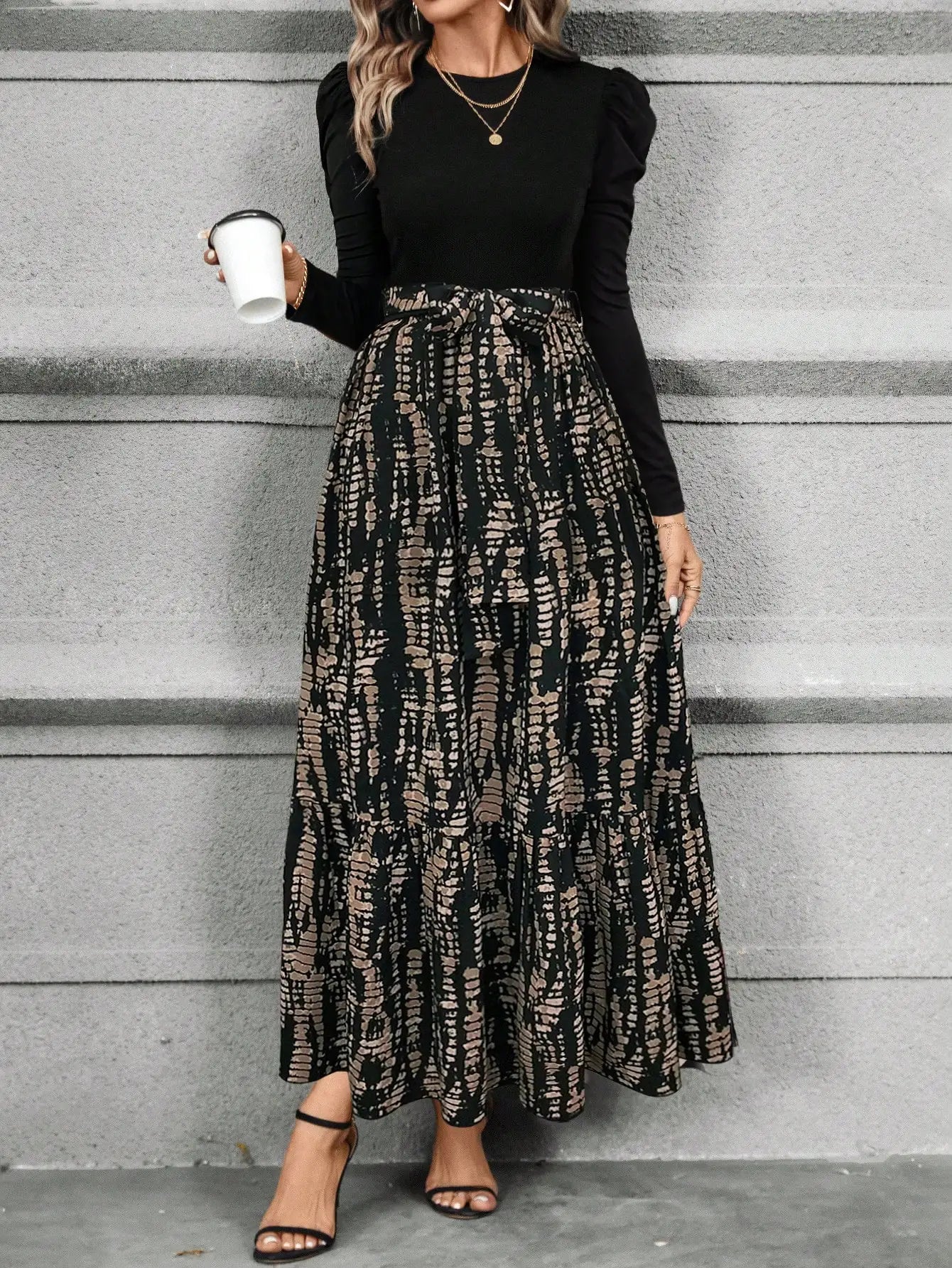 Spring and summer color combination high-waisted flower print dress woman elegant