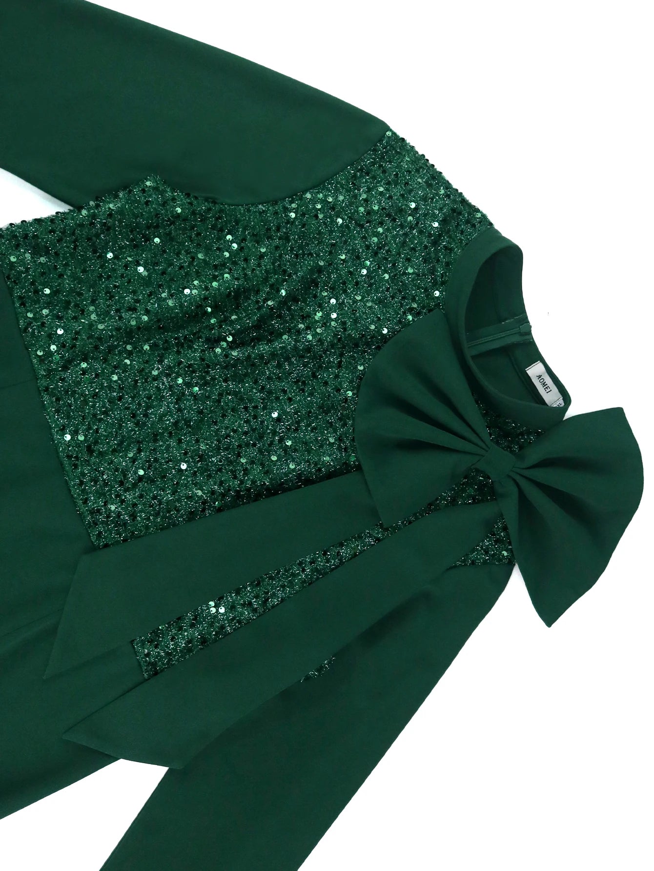 Elegant Green Shiny Sequined Dresses with Bow Long Flare Sleeves Mermaid Christmas African Brithday Party Occasion Event Robes
