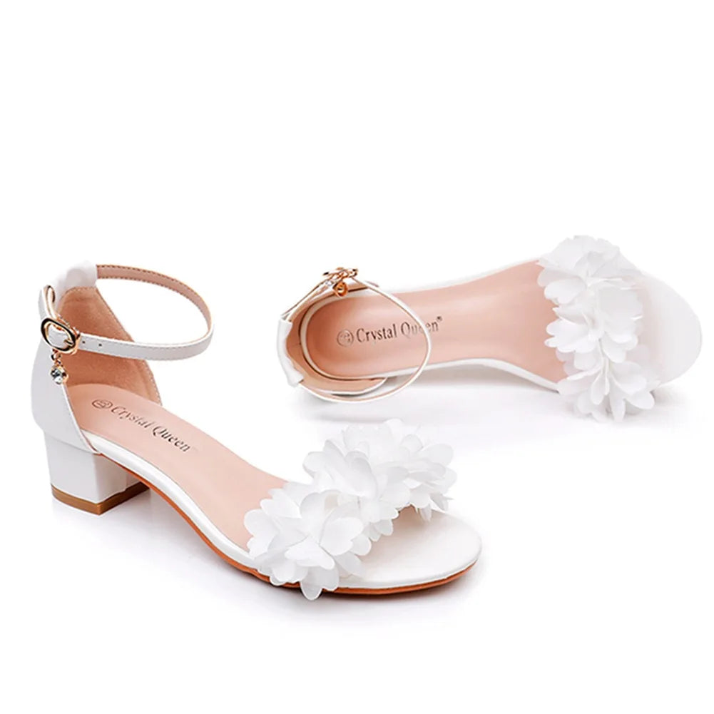 Flower Band Bridesmaide Shoes Woman Wedding High Heels Sandals Ankle Strap Wedges Cover Heeled Tacones Ladies Office Dress Pumps