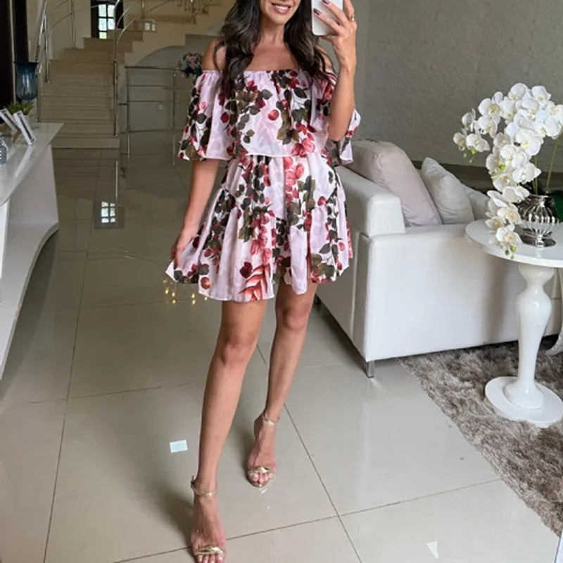 Spring One Shoulder Banquet Mini Dress 2025 Pattern Print Elastic Waist Female Dress Women All Match Shaw Sleeve Ruffle Dress
