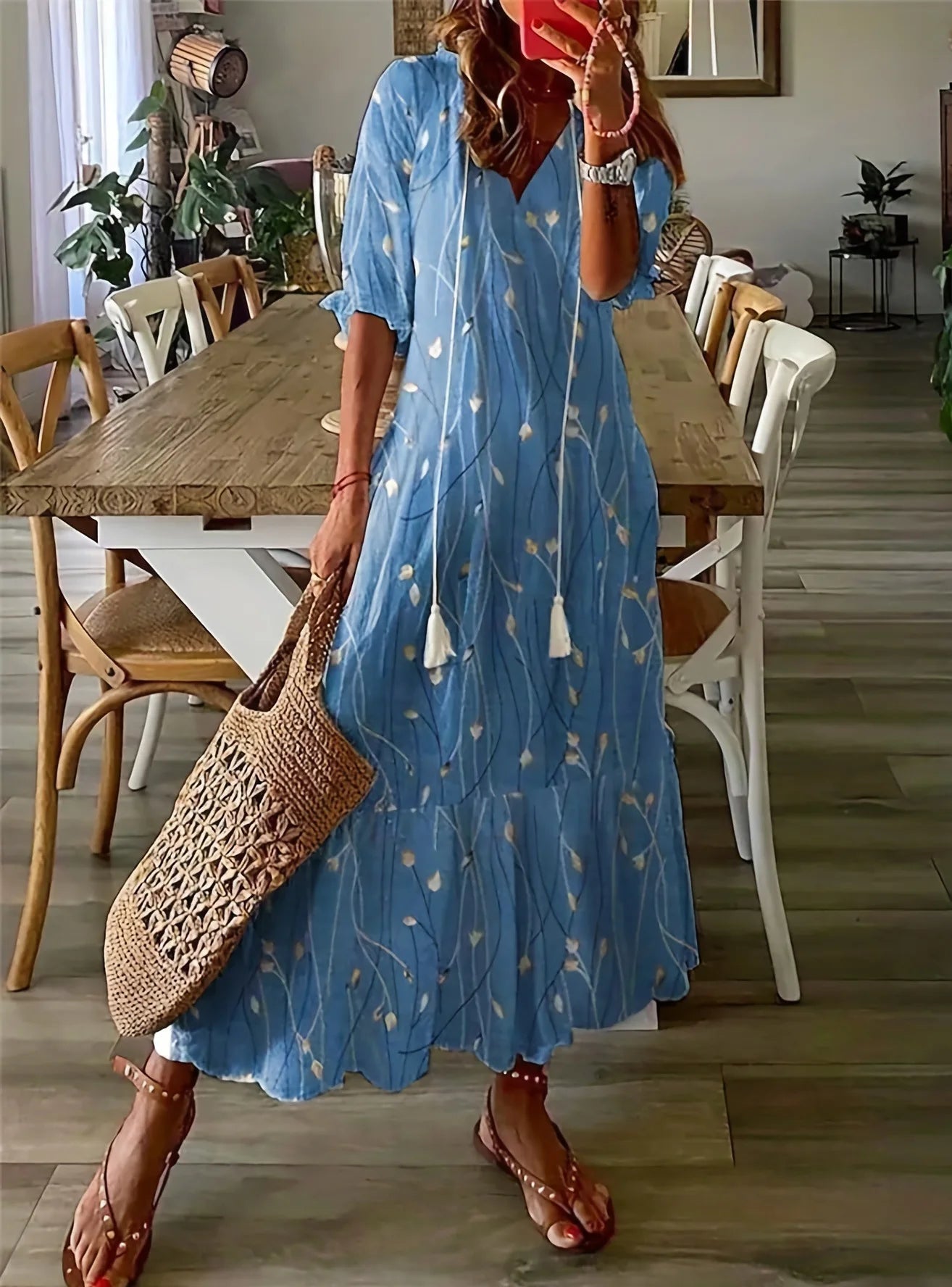 New Women's Spring Summer Dress Sexy V-neck Drawstring Printed Long-sleeved Dress Casual Loose Fashion Elegant Fresh Sweet Dress