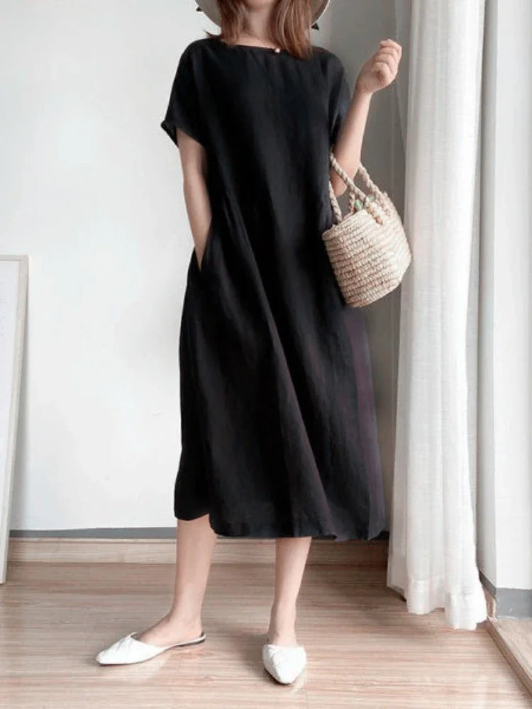 New in Spring Summer Women's Dress Elegant Casual Loose Short Sleeve Tops A-LINE Oversize Solid Midi Dresses for Women Clothing