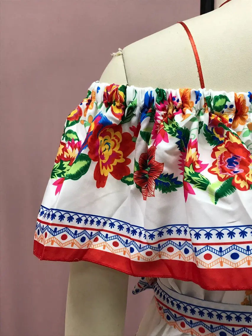 2024 Spring Summer Women's New Sexy One Shoulder Off Shoulder Fashion Red Flower Printed Lace Up Waist Long Swing Dress