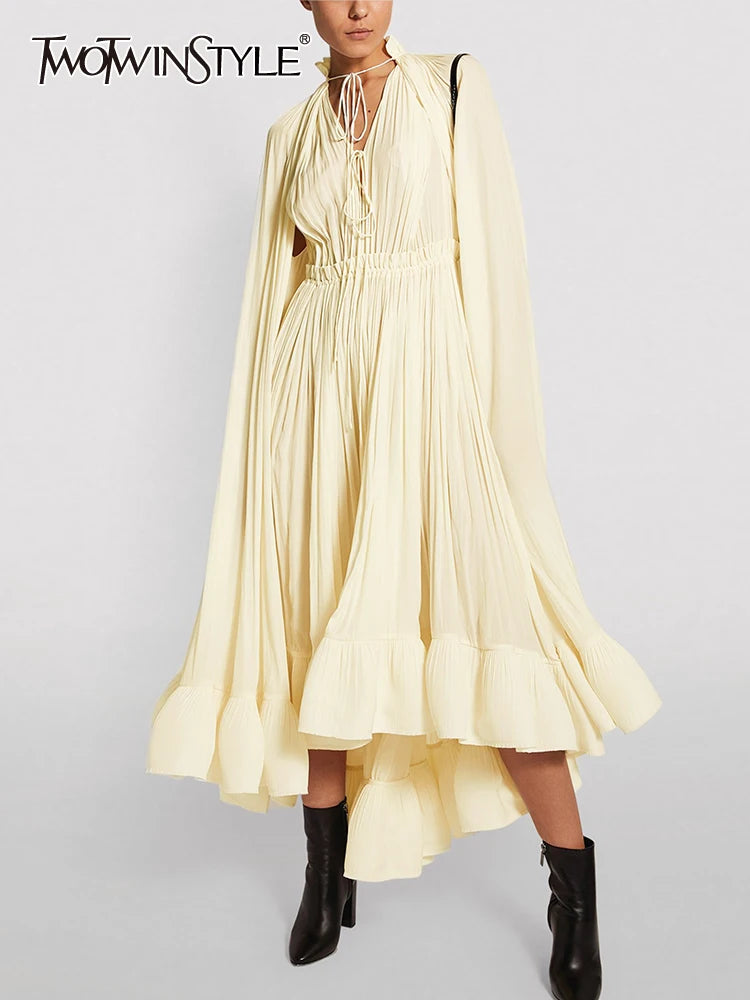 TWOTWINSTYLE Elegant Solid Dresses For Women V Neck Cloak Sleeves High Waist Spliced Lace Up Ruffles Pleated Dress Female Summer