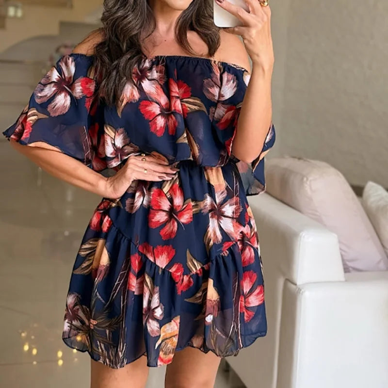Spring One Shoulder Banquet Mini Dress 2025 Pattern Print Elastic Waist Female Dress Women All Match Shaw Sleeve Ruffle Dress