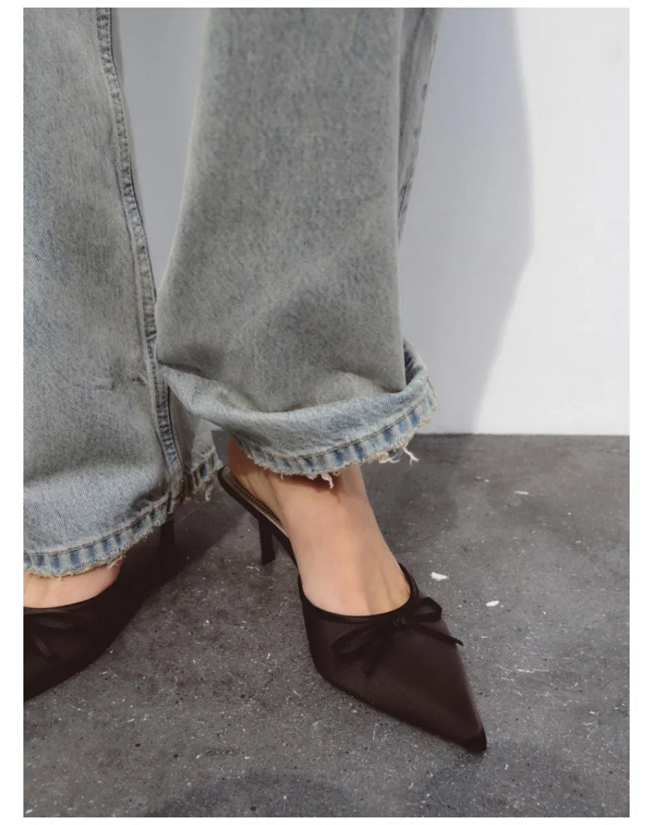 Bow High Heels Slippers Women Pointed Toe Mules Shoes Sexy 2025 Summer Dress Party Stilettos Sandals Woman Slides Trend Pumps