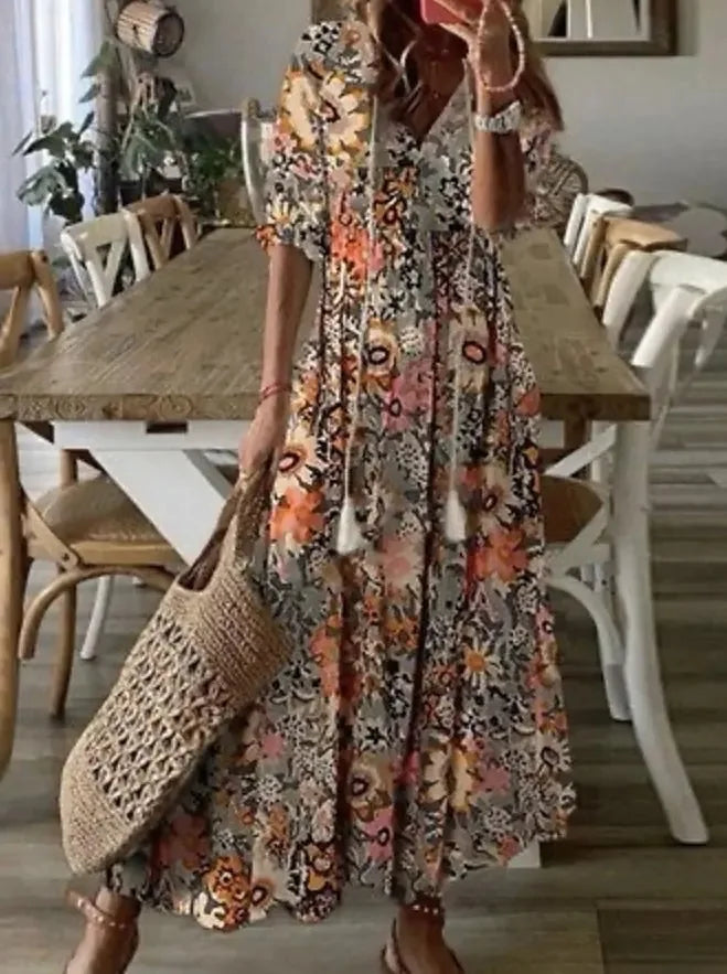 New Women's Spring Summer Dress Sexy V-neck Drawstring Printed Long-sleeved Dress Casual Loose Fashion Elegant Fresh Sweet Dress