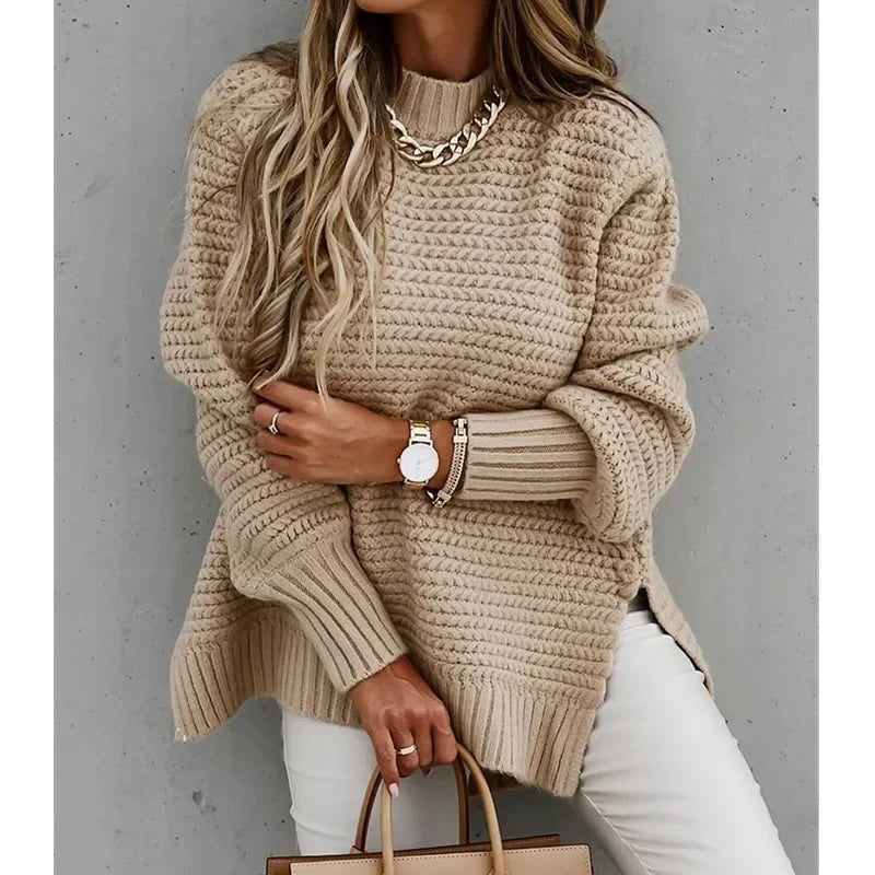 Knit Sweaters Women Half High Collar Full Sleeve Thick Splice Jumpers Solid Casual Split Pullovers Office Lady Elegant 2024