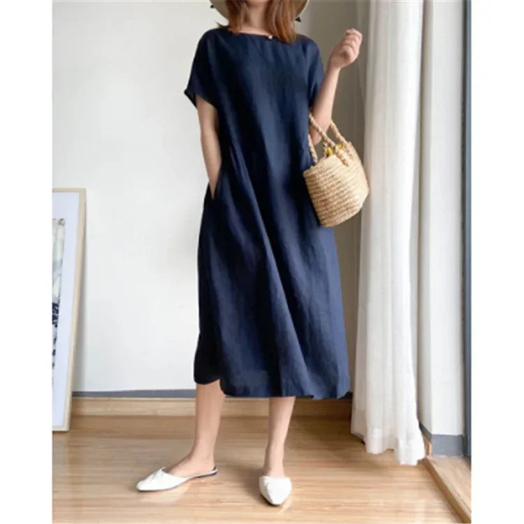 New in Spring Summer Women's Dress Elegant Casual Loose Short Sleeve Tops A-LINE Oversize Solid Midi Dresses for Women Clothing