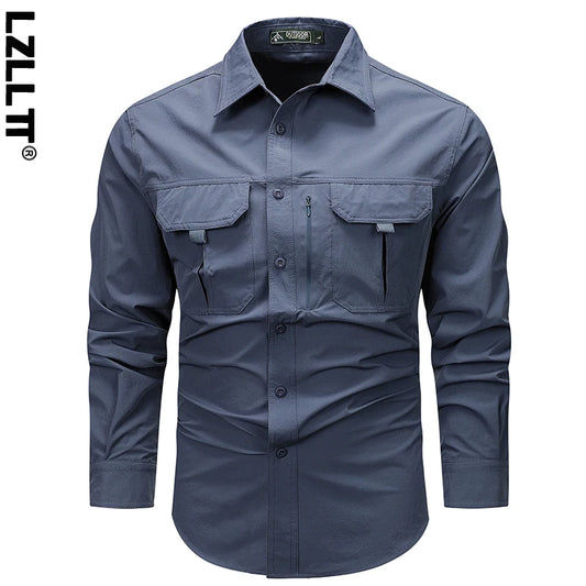 Spring Men Tactical Work Long Sleeve Shirt Man Outdoor Casual Multi Pocket Shirts Male Autumn Breathable Cargo Oversized Blouses