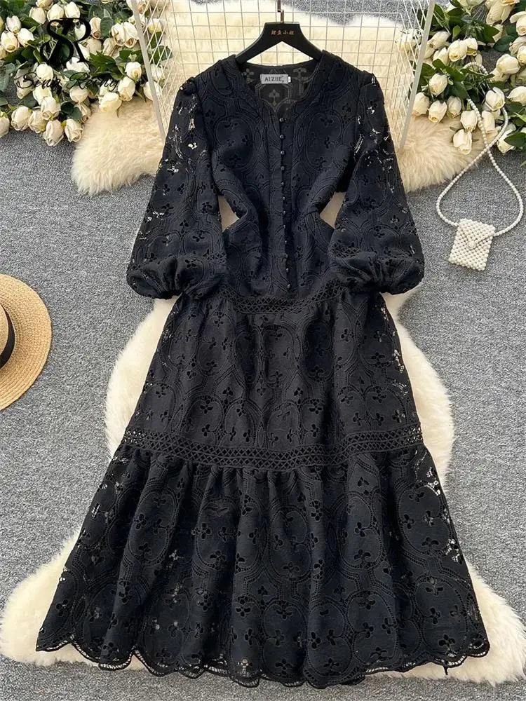 Spring French Vacation Fashion Dress Women Buttons Hook Flower Hollow Out Design 2025 High Quality Lace Ruffles Long Dress