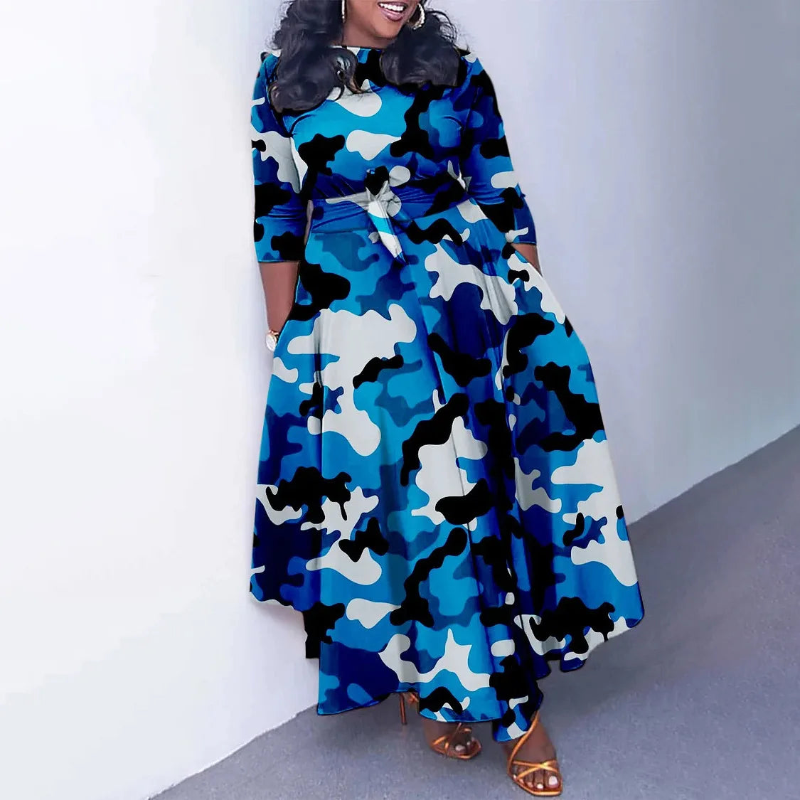 Women's 2024 Autumn New Style Fashionable Elegant Temperament Fashionable Printed Strap Waist Large Skirt Large Size Dress
