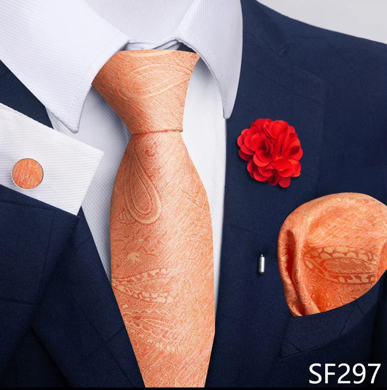 Luxury Mens Ties Floral Black Gold Ties Paisley NeckTie Pocket Square Cufflinks Brooch Set Men's Wedding Party Tie