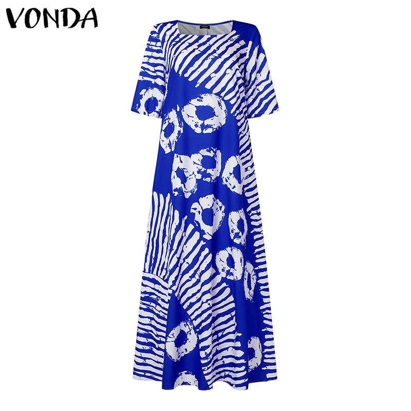 Plus Size VONDA Women Summer Party Maxi Dress Bohemian Printed Long Sundress Beach Vestidos 2025 Half Sleeve Casual Loose Robe