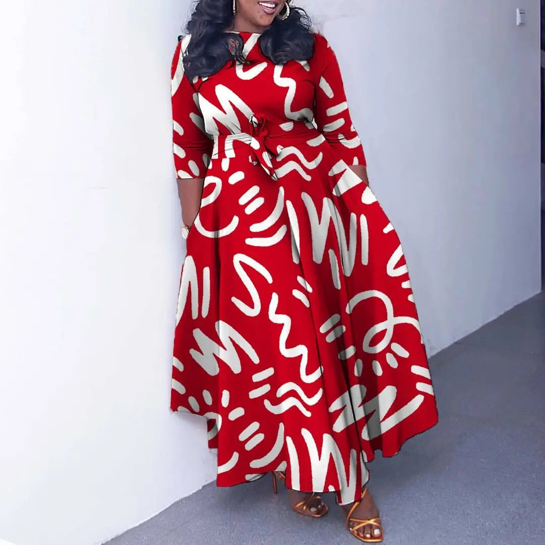 Women's 2024 Autumn New Style Fashionable Elegant Temperament Fashionable Printed Strap Waist Large Skirt Large Size Dress