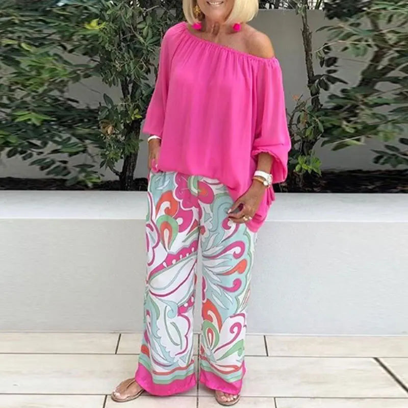 Casual 2-piece Suit Set Women's Sexy Off-shoulder Shirt Blouse Top + Printed Wide-leg Pants Two-piece Suit Spring Autumn 2023
