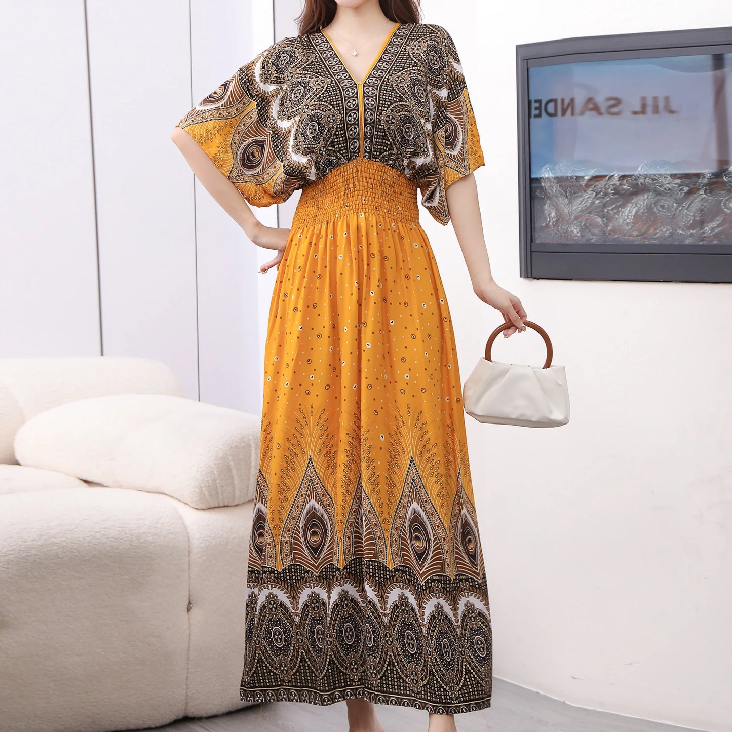 Spring New In Women's Dress V-Neck Short Sleeve Dress Elegant Sweet Print Dress Casual Retro Boho Elastic Waist A-Line Dress