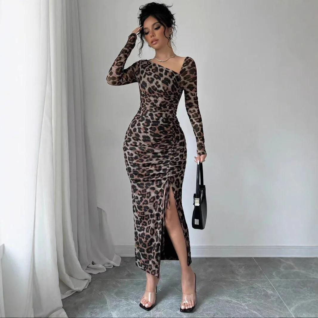 Sexy Leopard Print Women's Dresses Fashion Ruffled Sexy Slit Party Dress For Women Spring Summer Bodycon Package hip Vestidos