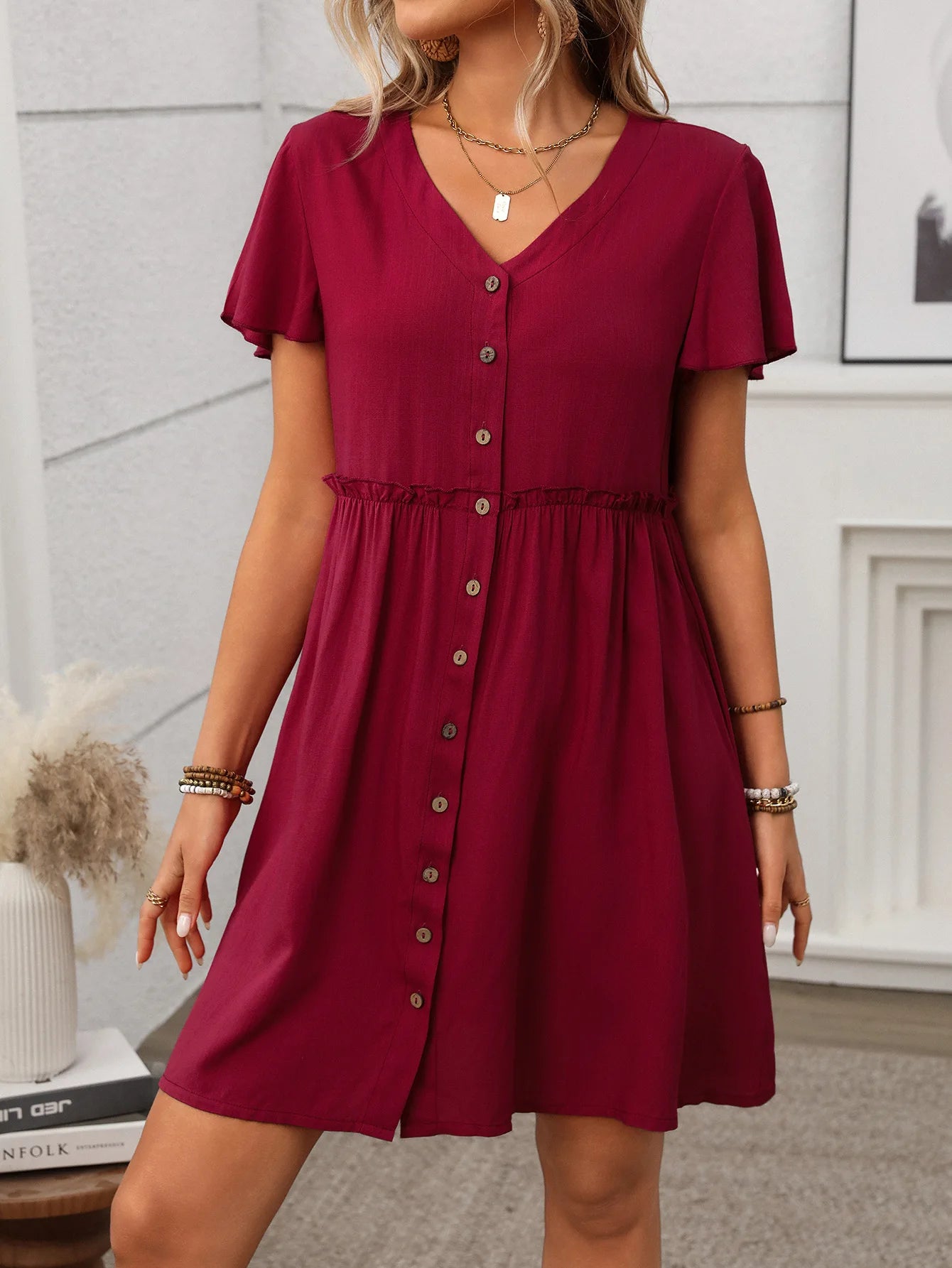 Spring Summer Button Down Dress Flutter Sleeve Cotton Linen A Line Dress With Pockets Beach Summer Knee Length Dresses For Women
