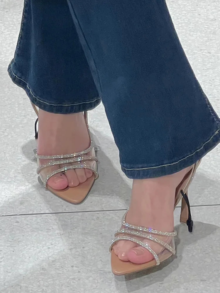 Thin Heel High Heels Women's 2024 Summer New Fairy Style Sexy Shallow Mouth Back Hollow Pointed Water Diamond Open Toe Sandals