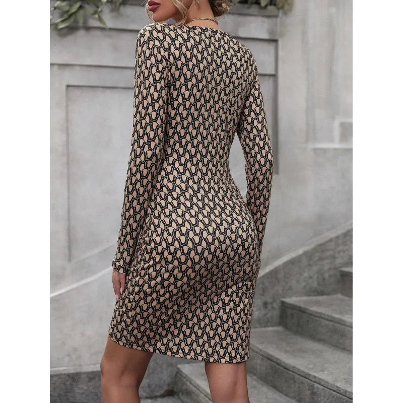 Spring Autumn New Print Dresses Women Sexy Deep V-neck Buttons Folds Irregular Package Hip Dress Fashion Lady Slim Mini Vestidos