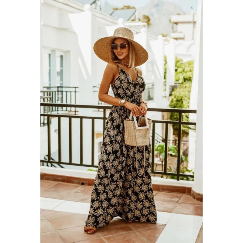 Spring Summer Elegant Women Corset Bohemian Dress Sexy New 2024 Fashion Strap V Neck High Waist Print Long Vacation Dress
