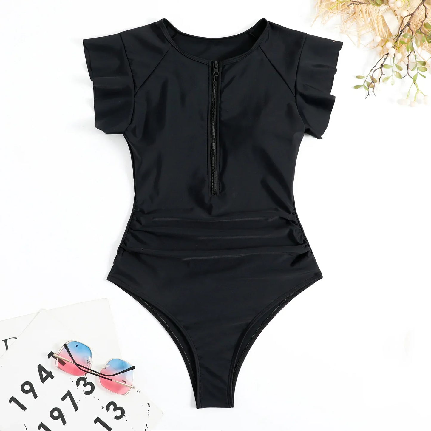 2024 Fashion Short Dress One-piece Swimsuit Zipper Swimsuit Sexy Bikini Women's Thickened Printed Swimming Beach Wear Summer