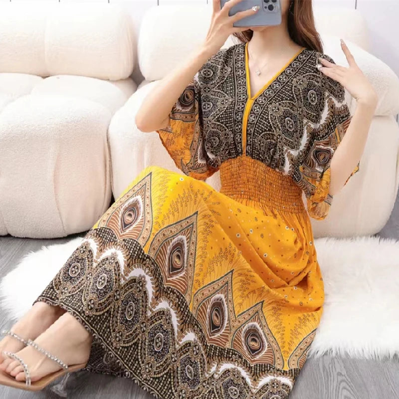 Spring New In Women's Dress V-Neck Short Sleeve Dress Elegant Sweet Print Dress Casual Retro Boho Elastic Waist A-Line Dress