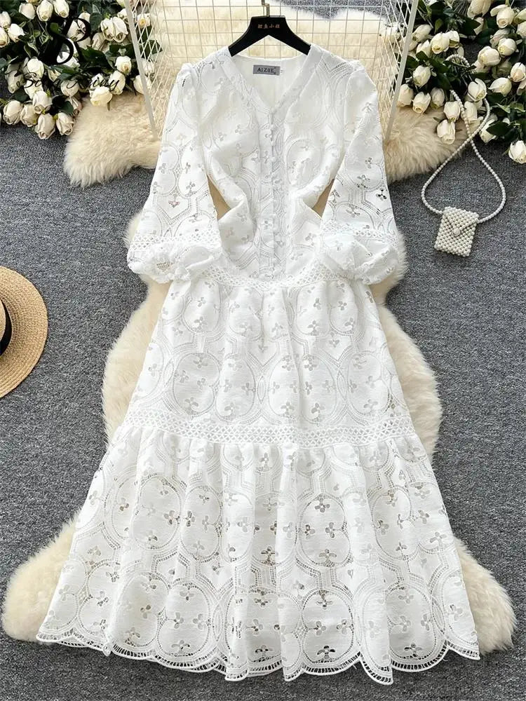 Spring French Vacation Fashion Dress Women Buttons Hook Flower Hollow Out Design 2025 High Quality Lace Ruffles Long Dress