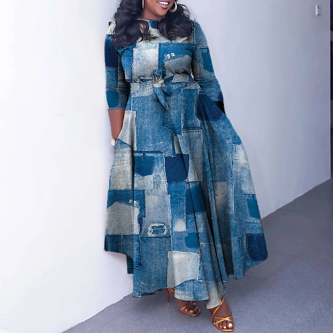 Women's 2024 Autumn New Style Fashionable Elegant Temperament Fashionable Printed Strap Waist Large Skirt Large Size Dress