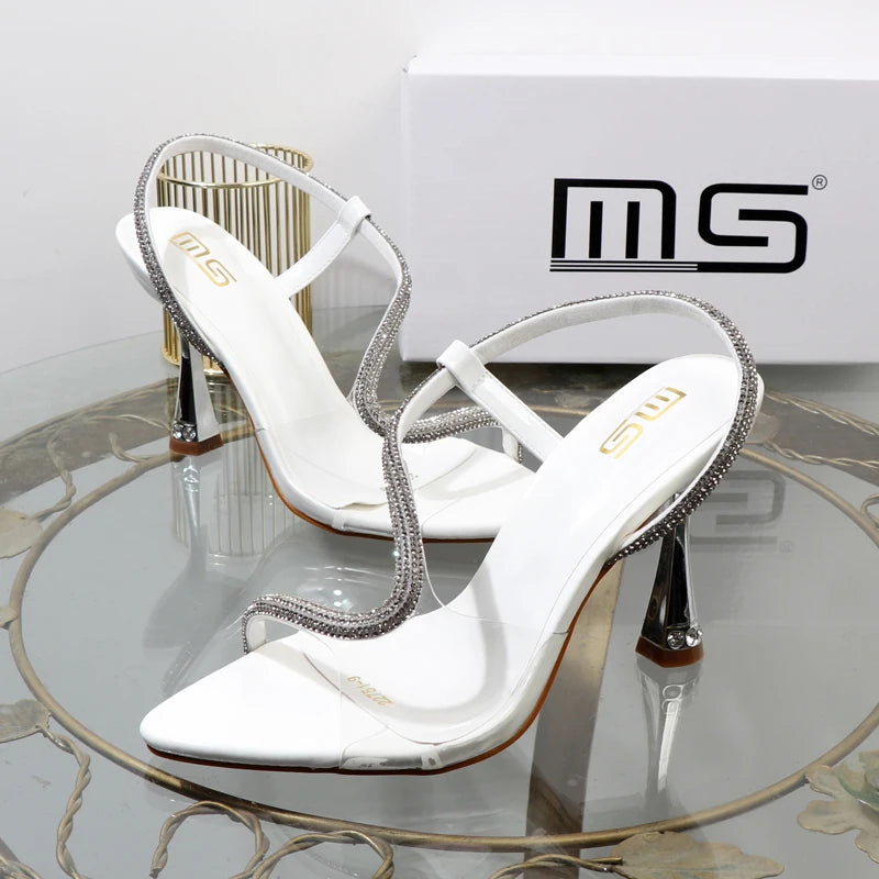 elegant woman heeled shoes sandals in autumn 2023 pointed rhinestones with stiletto heels transparent belts to wear women shoes