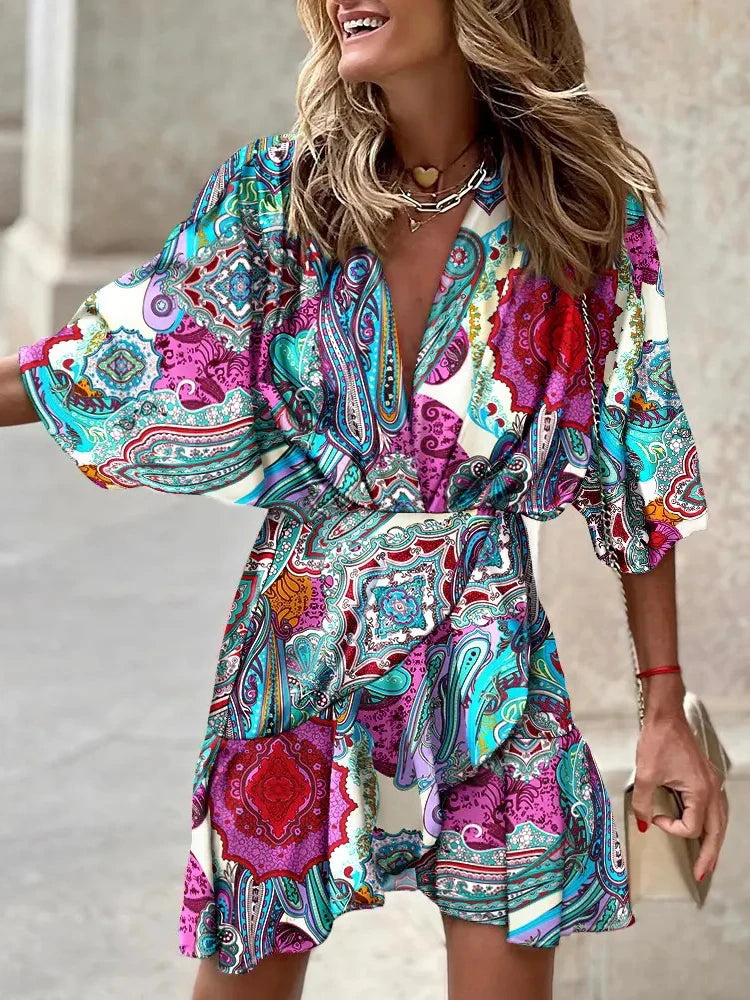 spring Irregular Mini Dress For Women Fashion Print Casual Bohemia Style Vacation Sundress Women's Bat Sleeve Ruffles Dresses
