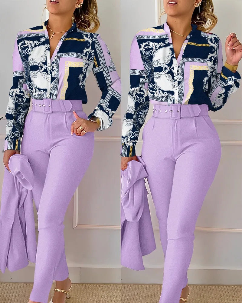 Women's Elegant Autumn/Winter Printed V-Neck Long Sleeve Button Shirt Top Fashion Solid Color Long Pants 2 Piece Set With Belt