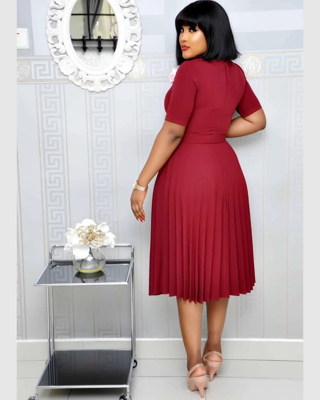 Summer Plus Size Pleated S-5Xl Dress Ladies O-Neck Short Sleeve Solid With Belt Mid-Calf Office Lady Elegant Dresses For Women