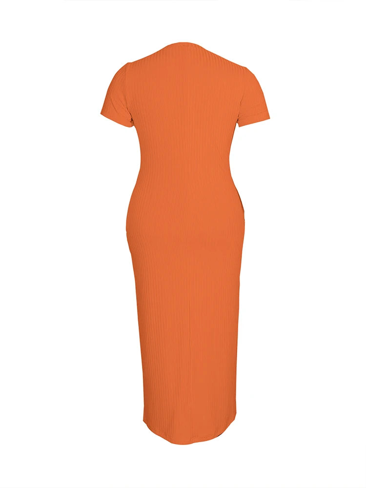 Plus Size 2024 Summer New Round Neck Short Sleeve Slim Hottie Ladies' Stylish Summer Solid Versatile Bodycon Dress