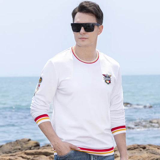 Spring New Men' T-Shirts Round Neck Solid Color Long sleeved Tops Bruce&Shark Thicken Stretch Cotton Men's Clothing Korea Style